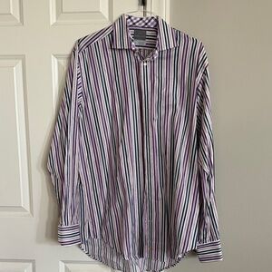 Thomas Dean Men's Long-Sleeve Striped Dress Shirt - White, Purple & Black